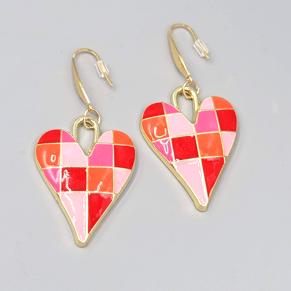 Pink Enamel Checkered Heart Pierced Earrings Gold tone Dangle Large 1.5"