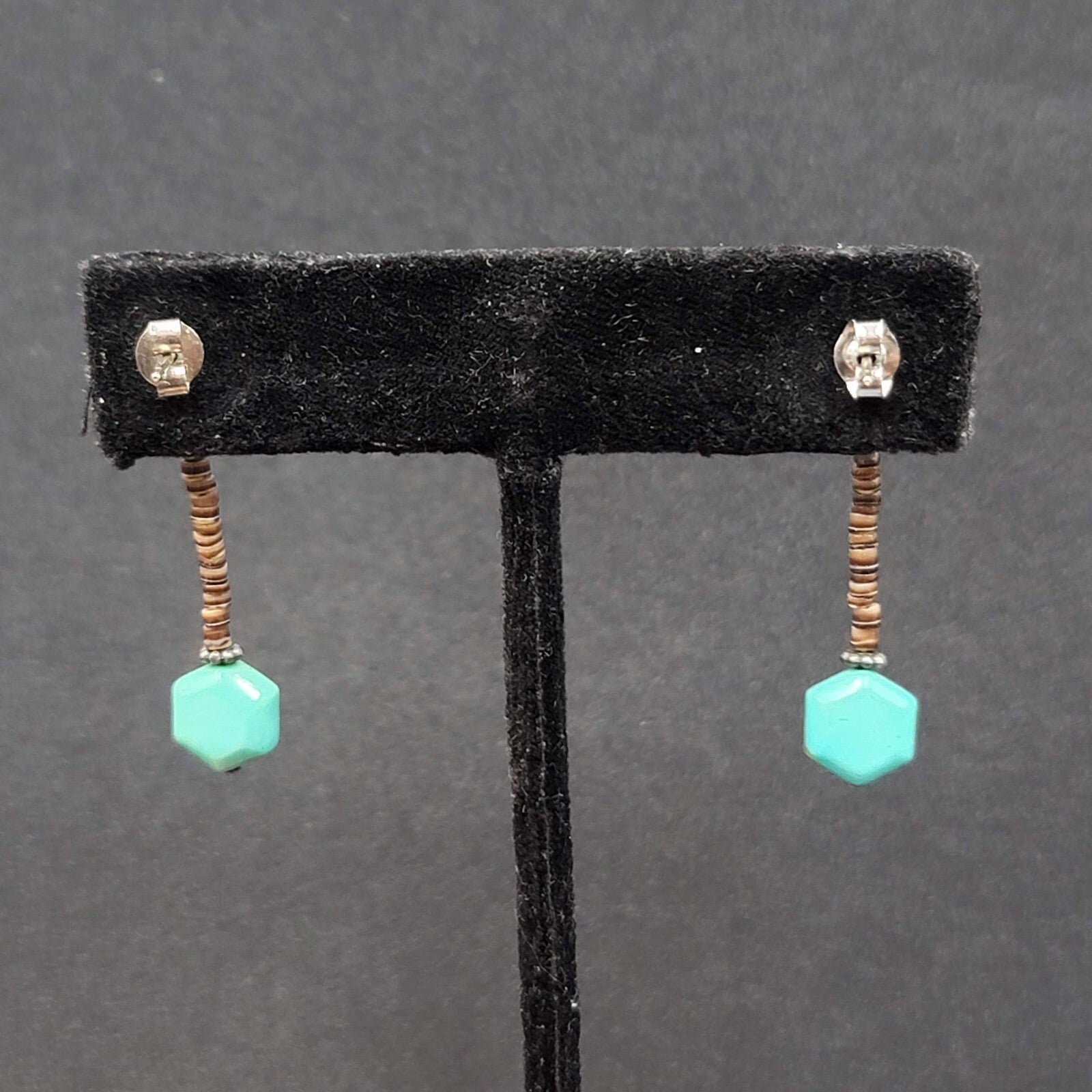Pierced Earrings Heishi Shell Turquoise Bead Dangle 1.25"