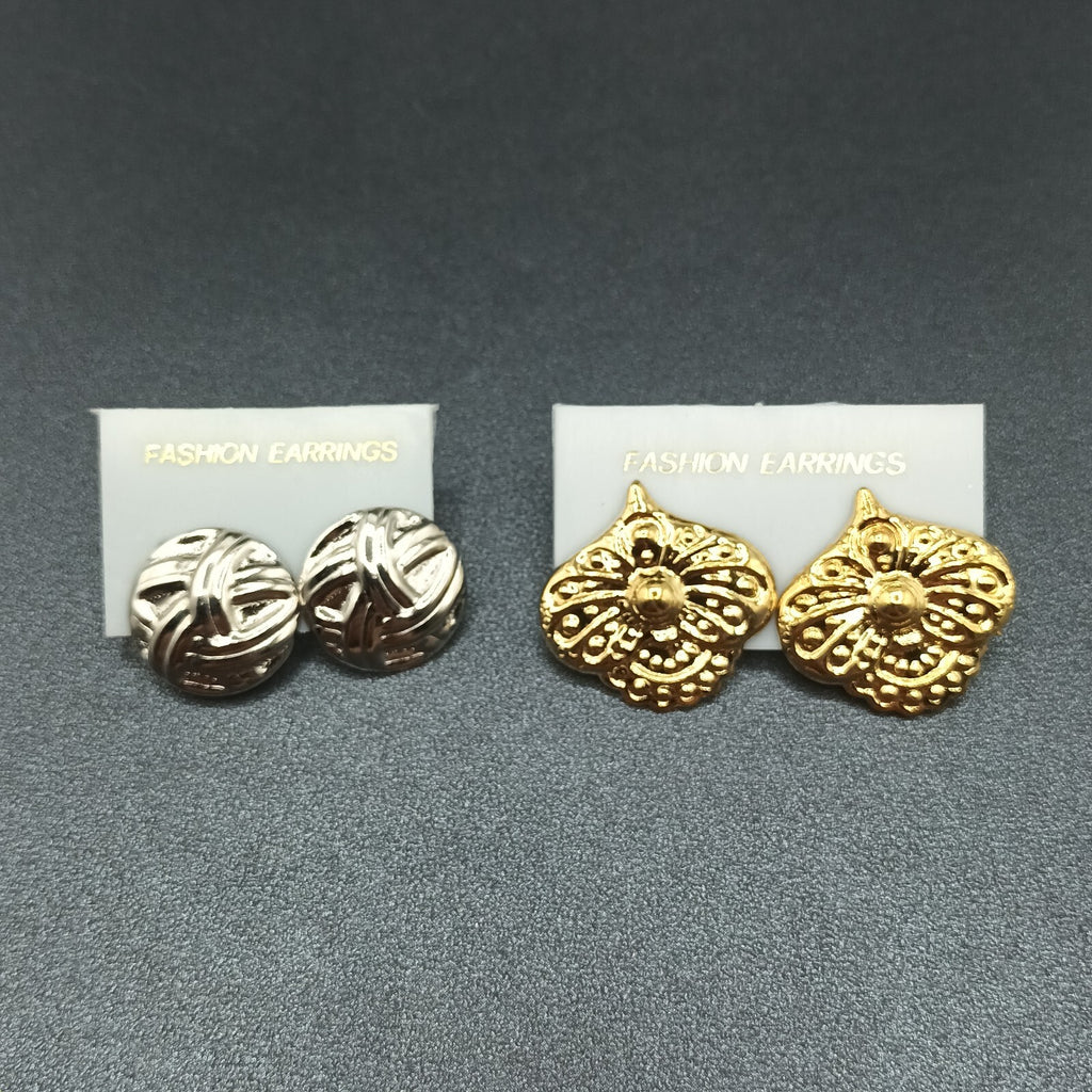 Lot of 2 Pairs Vintage Pierced Earrings Silver tone Gold tone 80s Embossed NOS