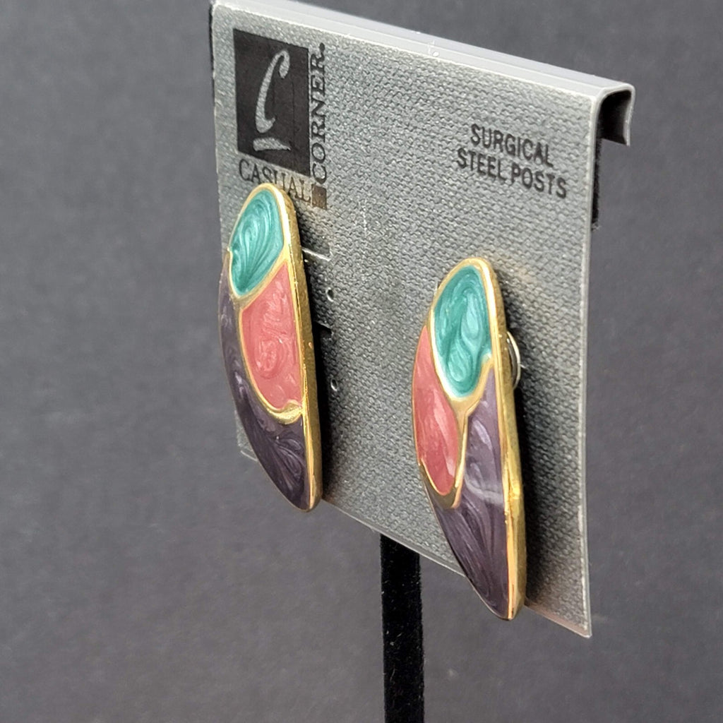 Vintage Pierced Earrings Gold Plated Teal Pink Purple Enamel Drop 1.5"