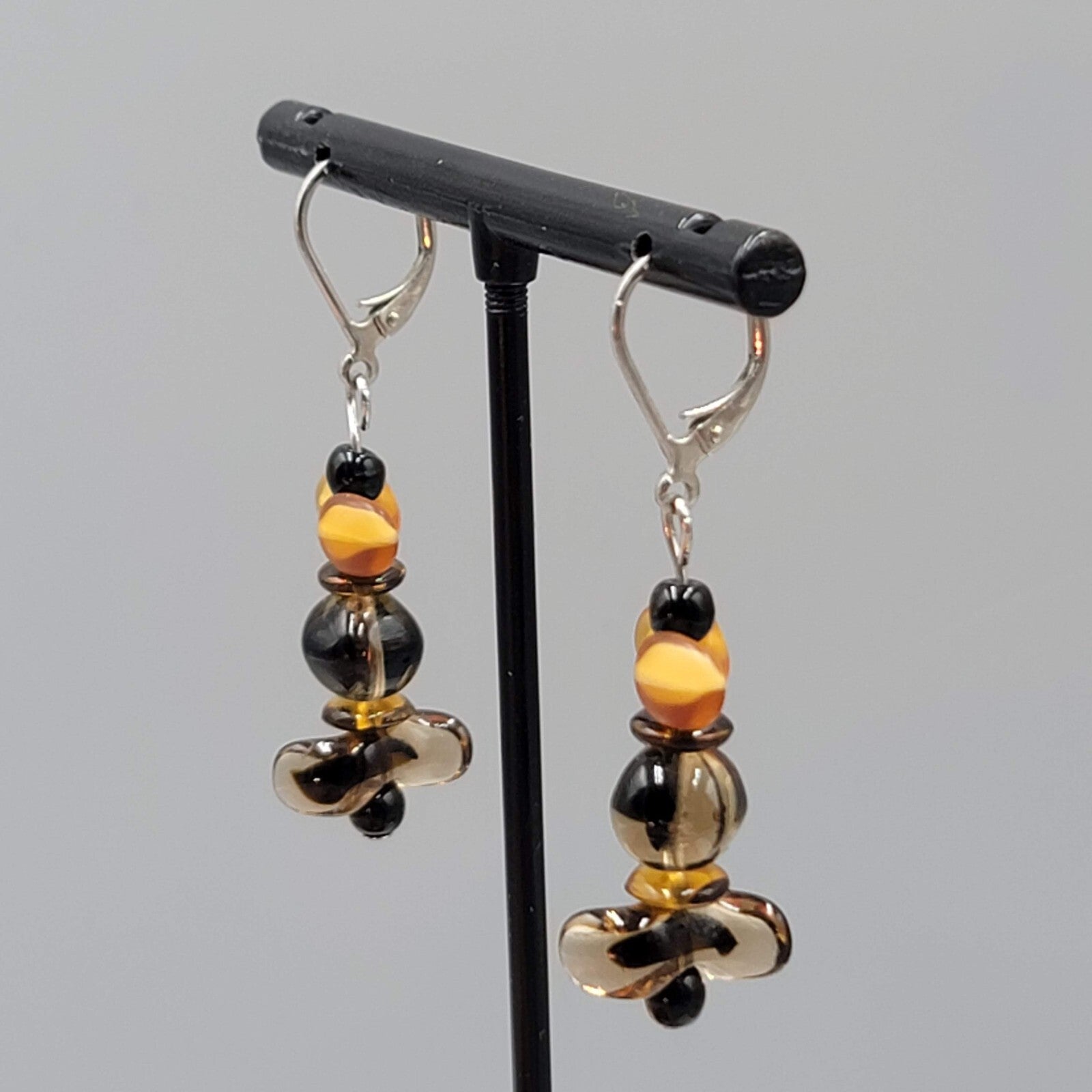 Glass Bead Pierced Earrings Variegated Browns Leverback Dangle Silver tone 1.25"