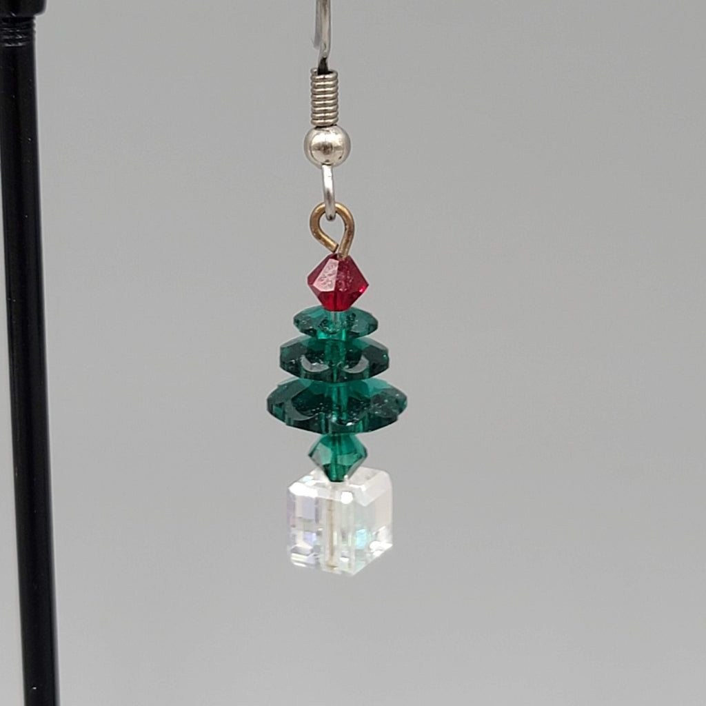 Crystal Stacked Bead Christmas Tree Pierced Earrings Silver tone Dangle 1 in