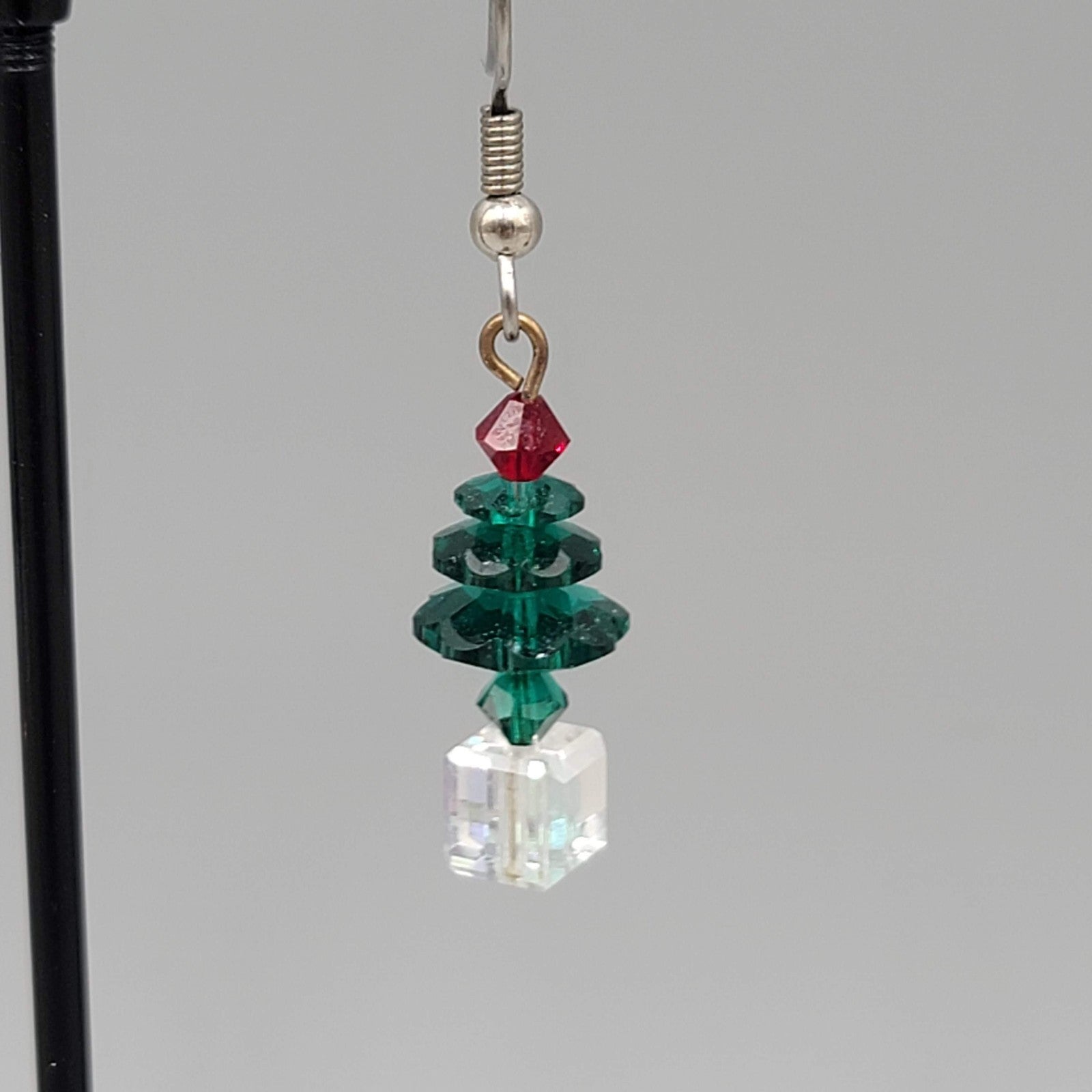 Crystal Stacked Bead Christmas Tree Pierced Earrings Silver tone Dangle 1 in