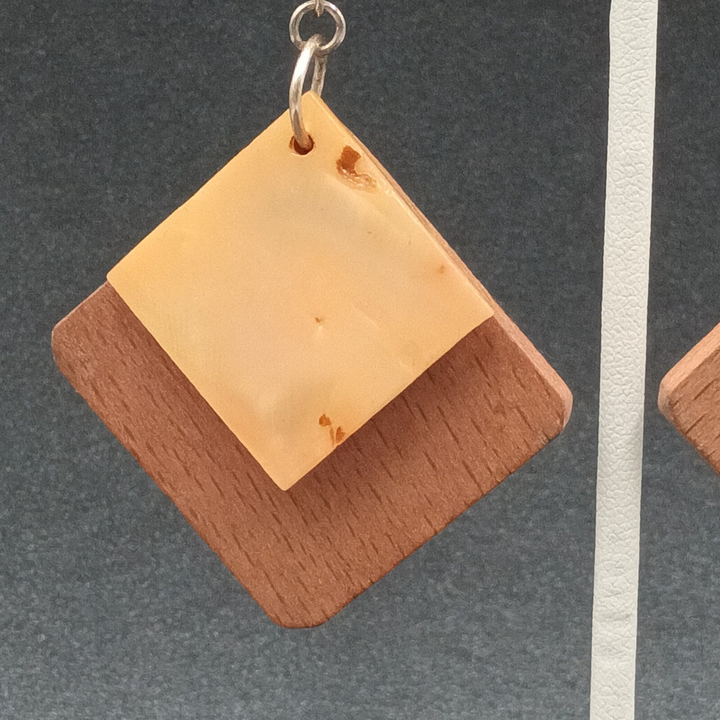 Pierced Earrings Wood Shell Square Geometric Silver tone Hook Dangle 1 3/4"