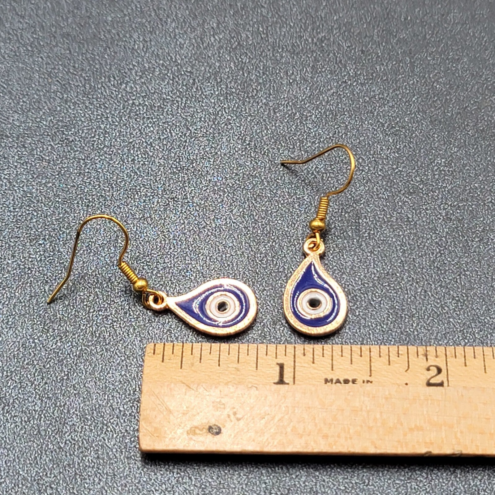 New Evil Eye Pierced Earrings Gold tone Blue Enamel Teardrop Dangle 3/4"