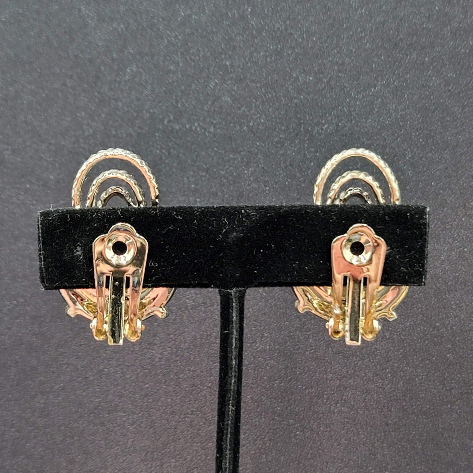 Clip on Earrings Silver tone Black Acrylic Climber MCM 1.25"