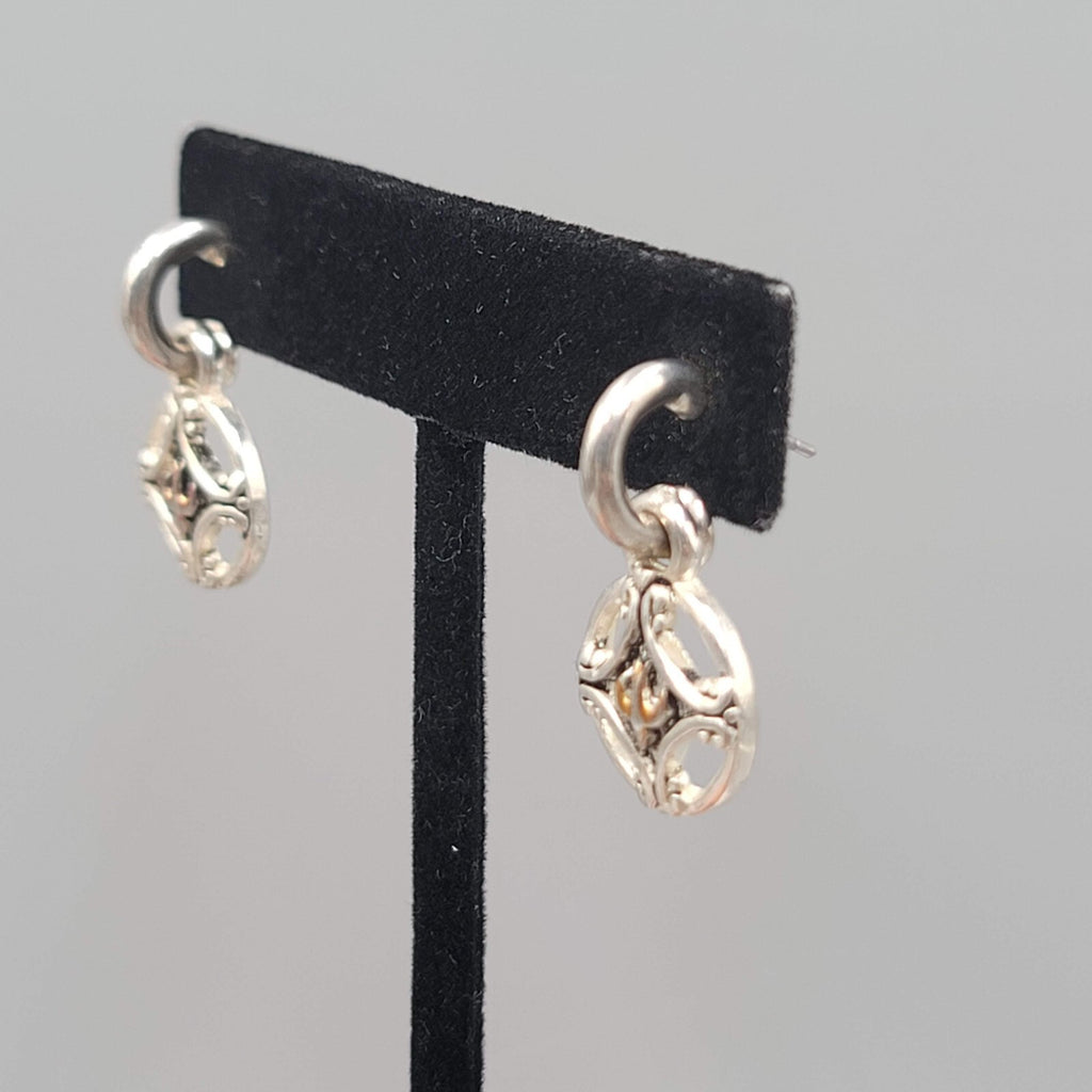 Pierced Earrings Silver tone Dangle Hoops Embossed Bird 1"