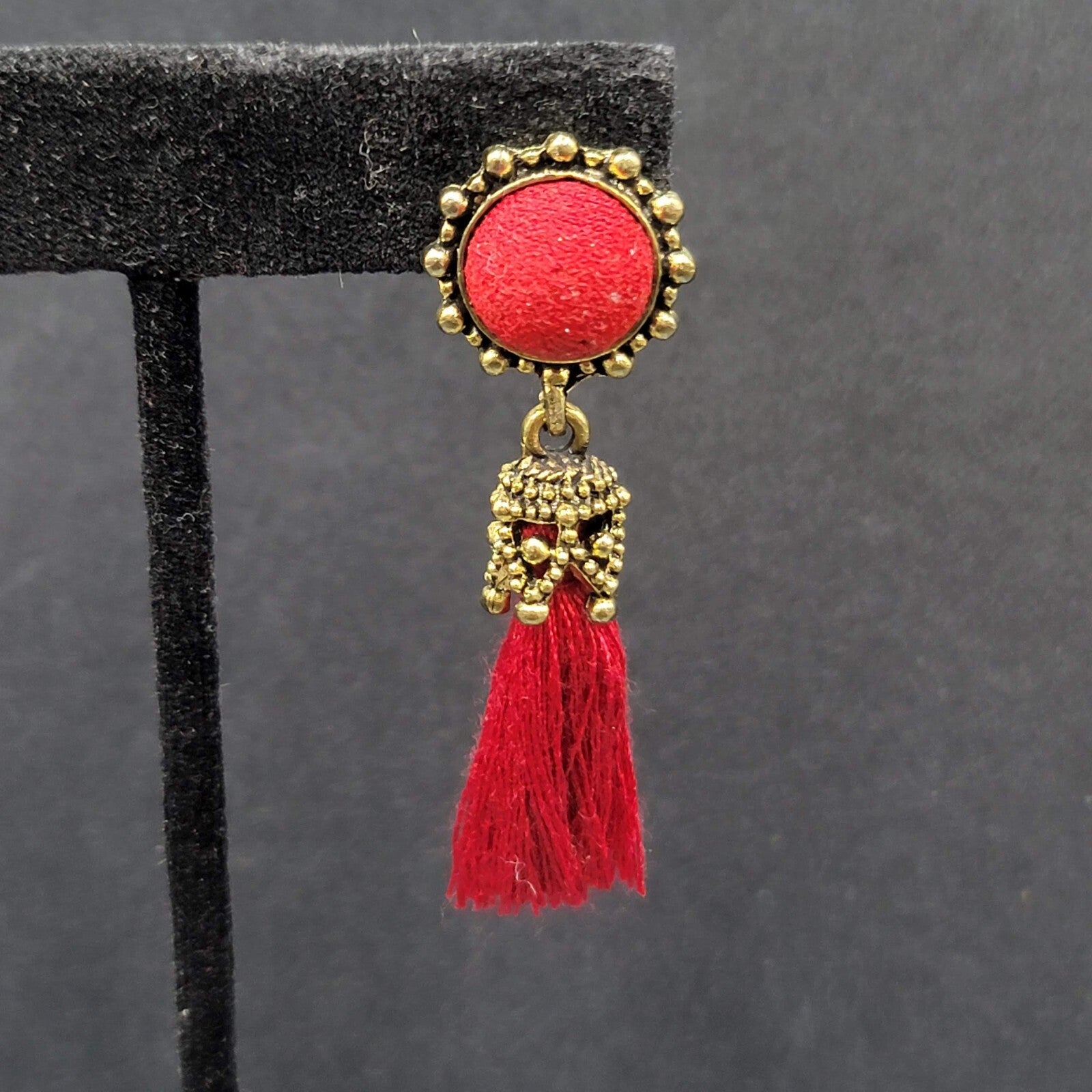 Boho Pierced Earrings Antiqued Gold tone Red String Tassel 2"
