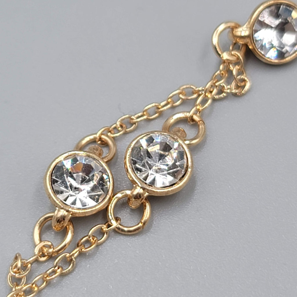 Double Chain Station Rhinestone Bracelet Gold tone 7"-8.75" Adj