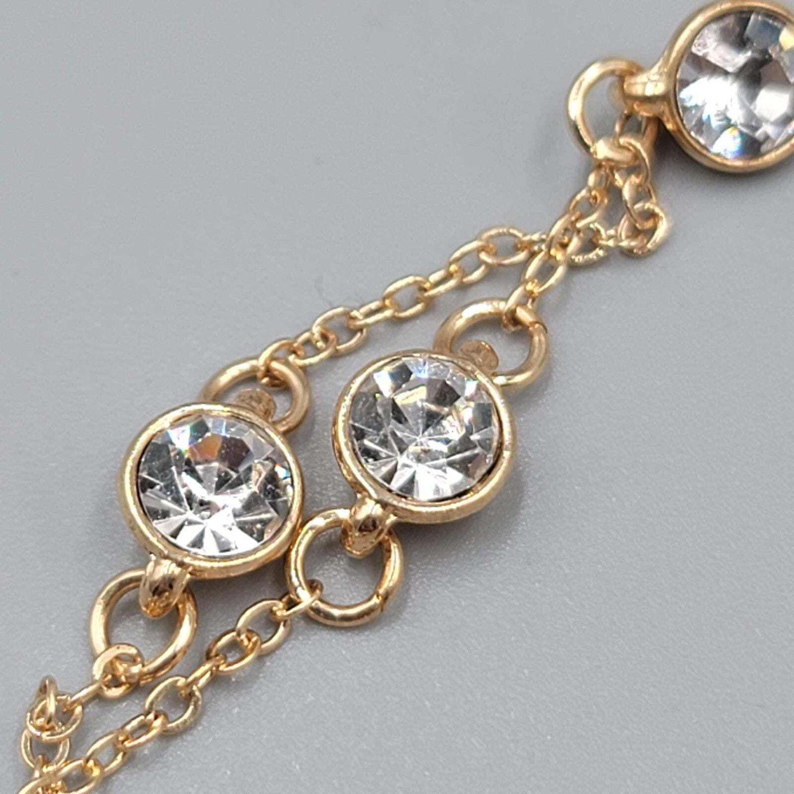 Double Chain Station Rhinestone Bracelet Gold tone 7"-8.75" Adj