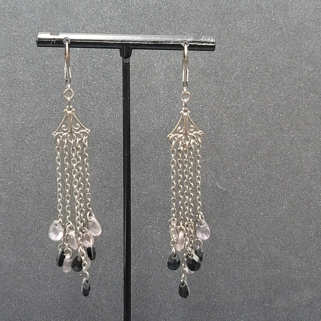 Pierced Earrings Gun Metal Gray Multi Chain Purple Black Beads 2 7/8"