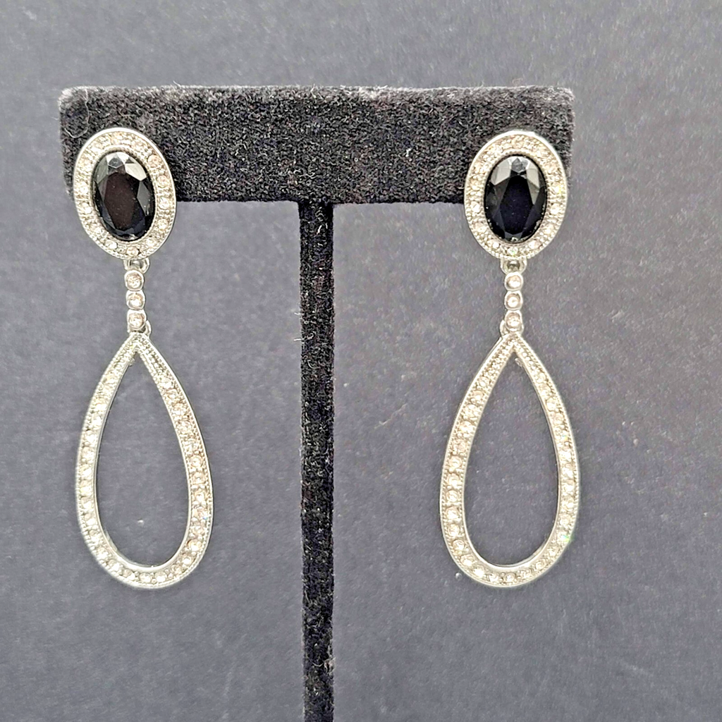 Pierced Earrings Silver tone Black Accent Crystal Rhinestones Dangle 2.5"