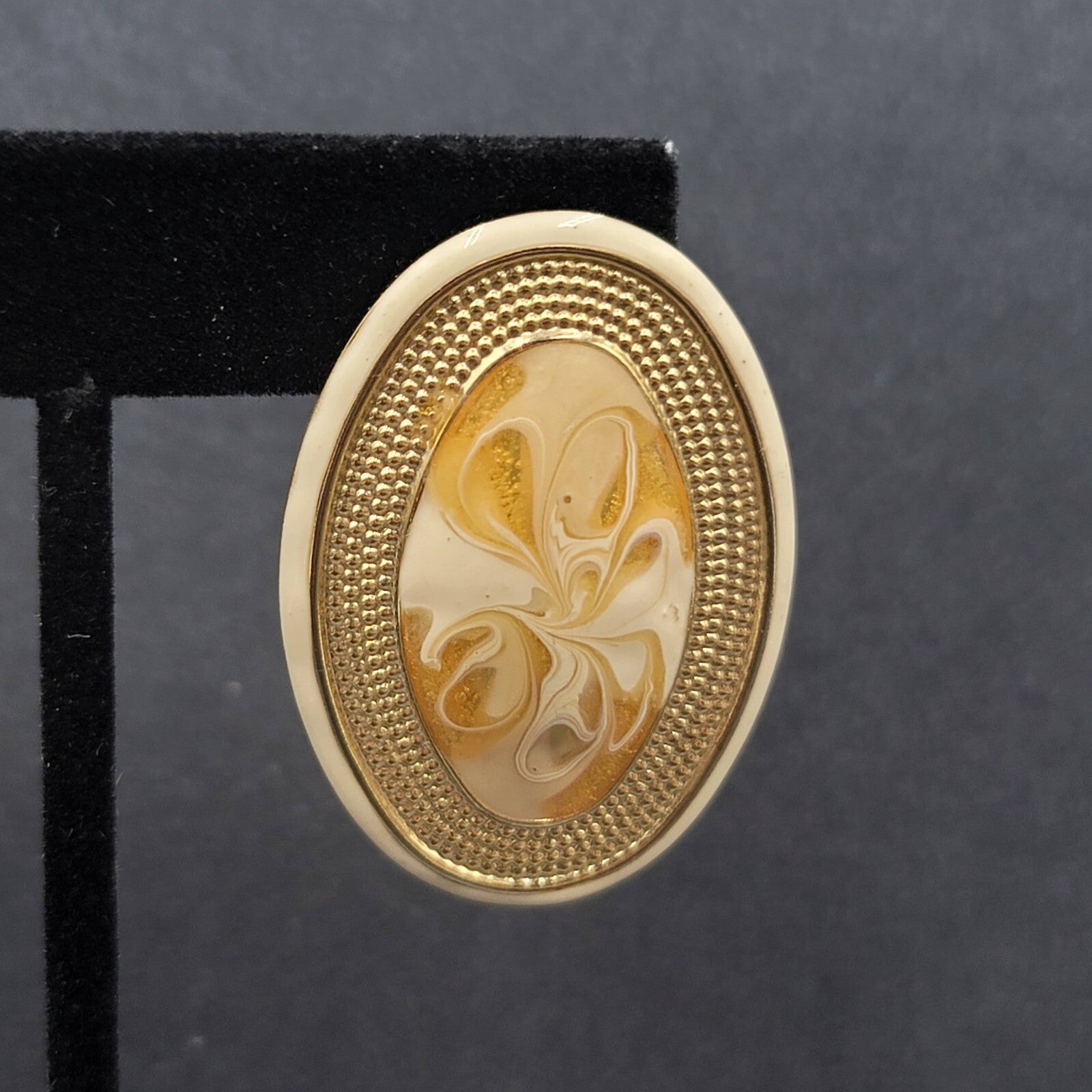 Vintage Pierced Earrings Gold tone Cream Swirl Enamel Long Oval Statement 1.75"