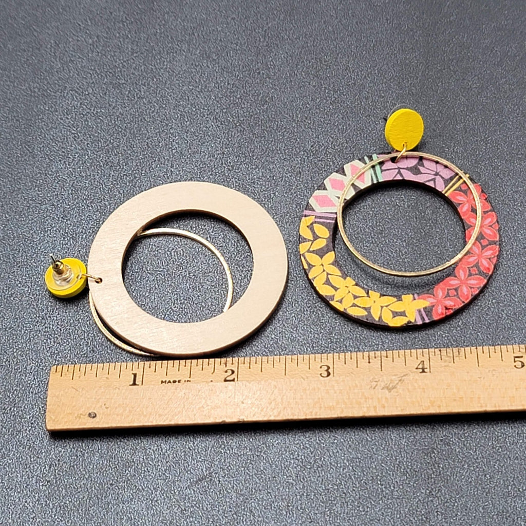Pierced Earrings Multicolor Yellow Gold tone Wood Hoops Statement 2 3/8"