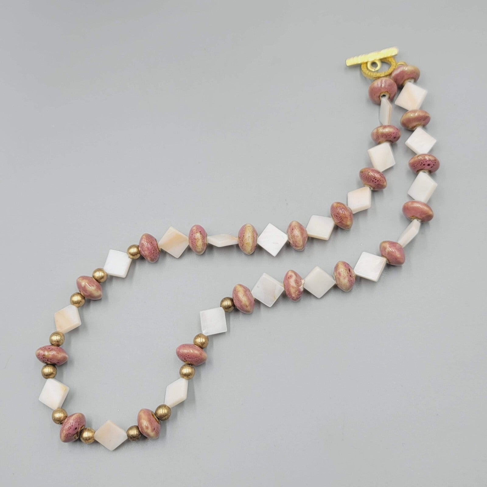Vintage Mother of Pearl and Clay Beads Necklace 20" Estate Costume Jewelry 