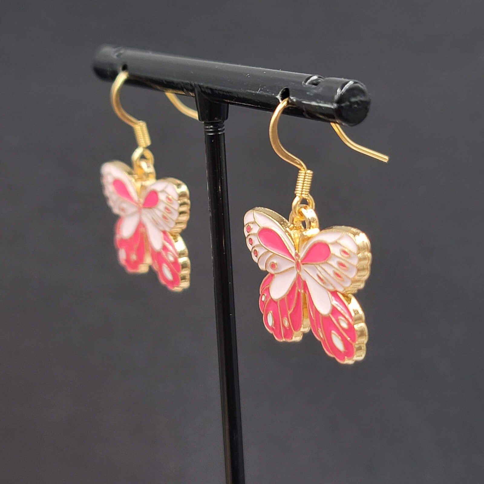 Moth Pink Enamel Pierced Earrings Gold tone Dangle Butterfly 3/4"
