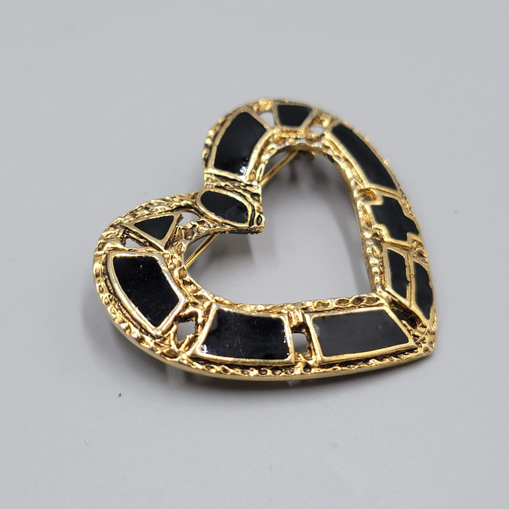 Vintage Open Heart Black Enamel Brooch Gold tone 1.75"