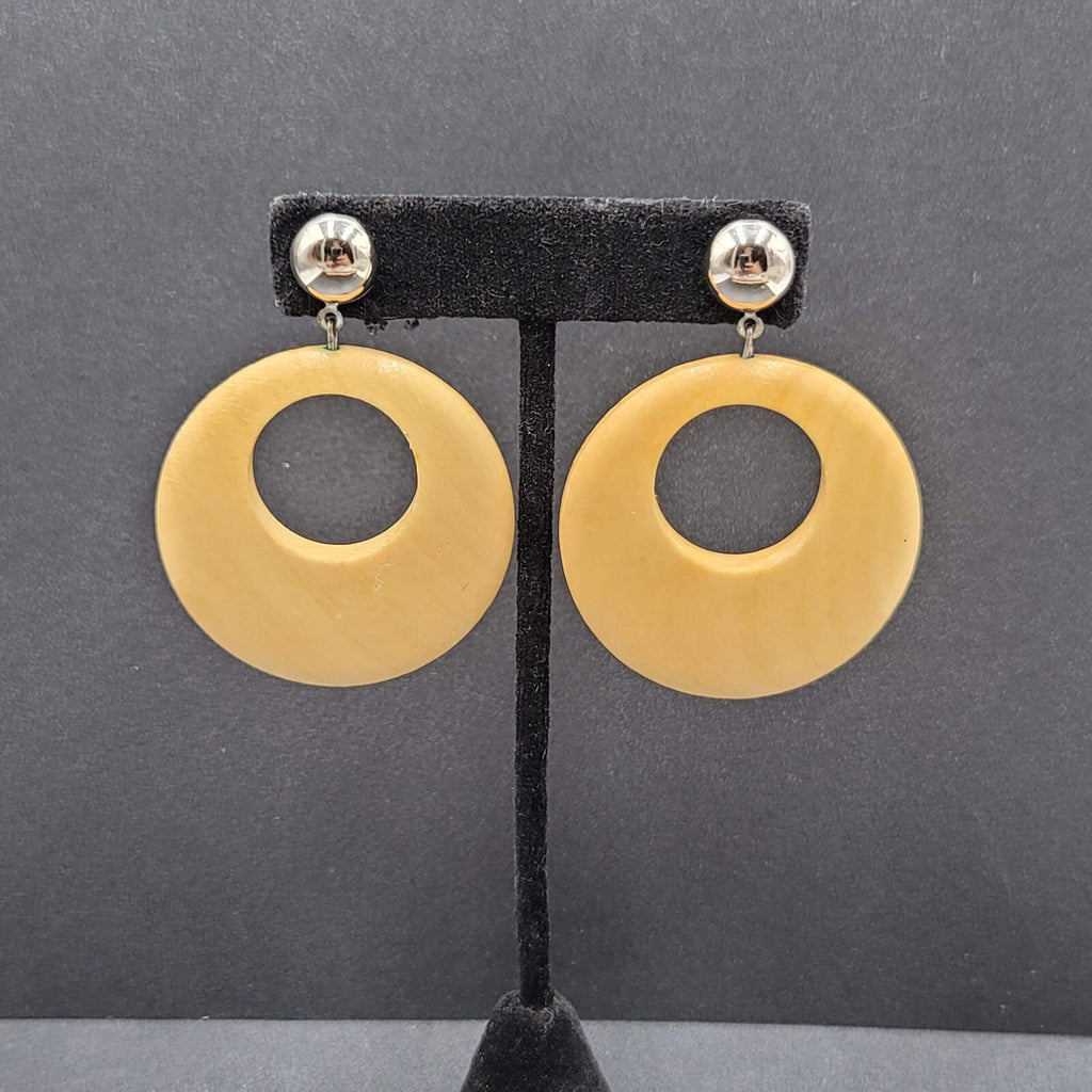 Pierced Earrings Silver tone Open Wood Hoops Dangle 1.75"