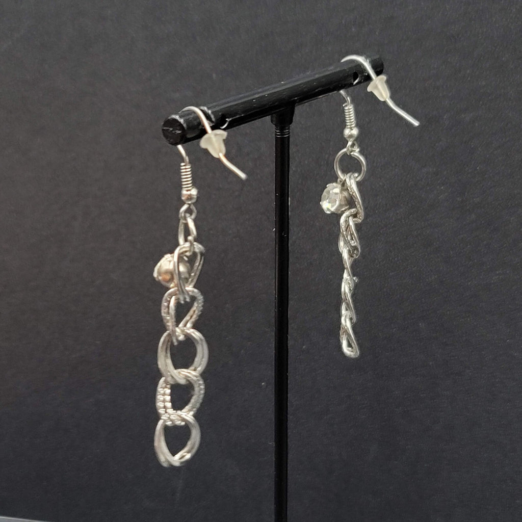 Pierced Earrings Hammered Dangle Chains Rhinestone 1.75"
