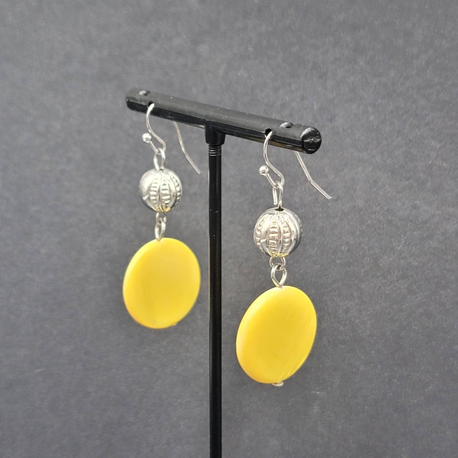 Pierced Earrings Silver tone Yellow Shell Round Bead 1.5"