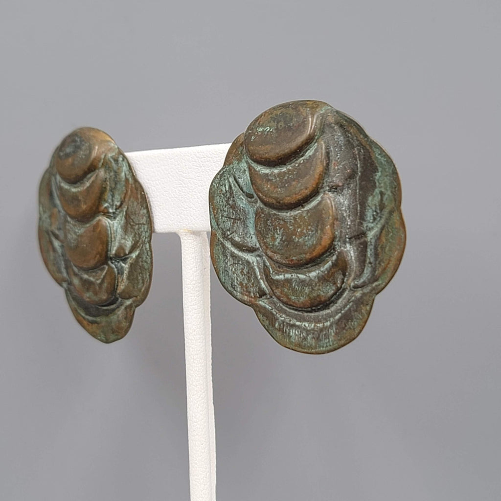 Vintage Artisan Pierced Earrings Patina Embossed Metal Large Statement 1.5"