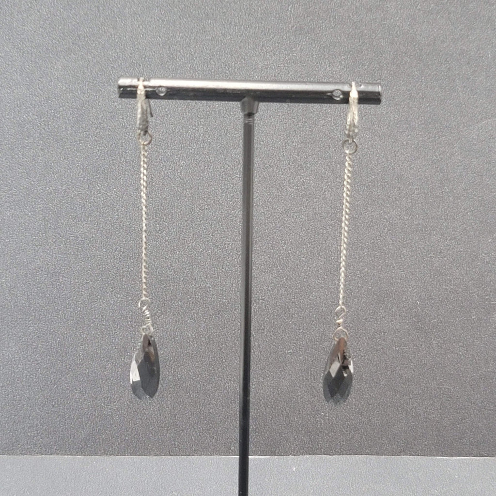Pierced Earrings Gun Metal Black Glass Faceted Teardrop Bead Dangle Chain 2.5"