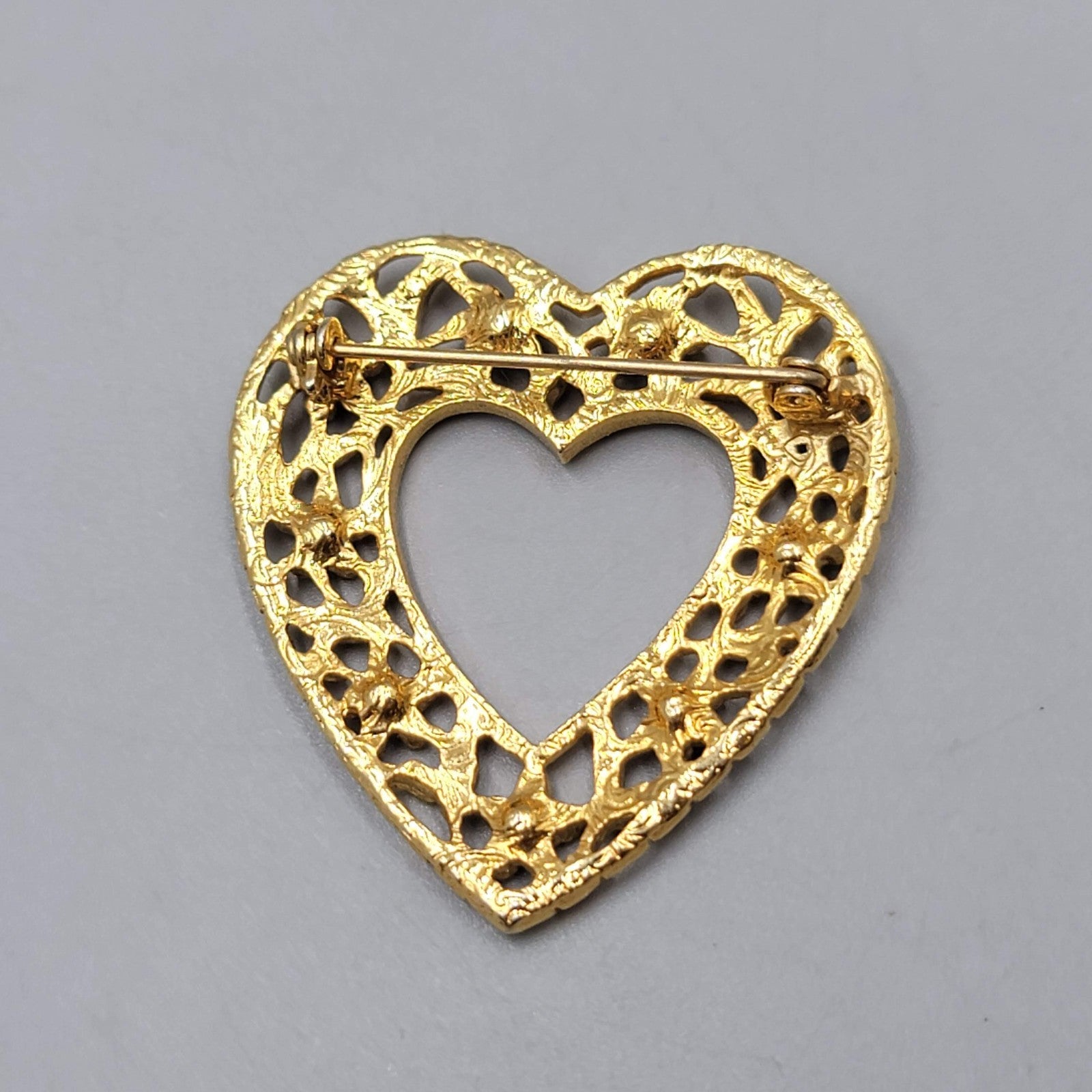 Vintage Heart Rhinestone Brooch Open Work 1.75"