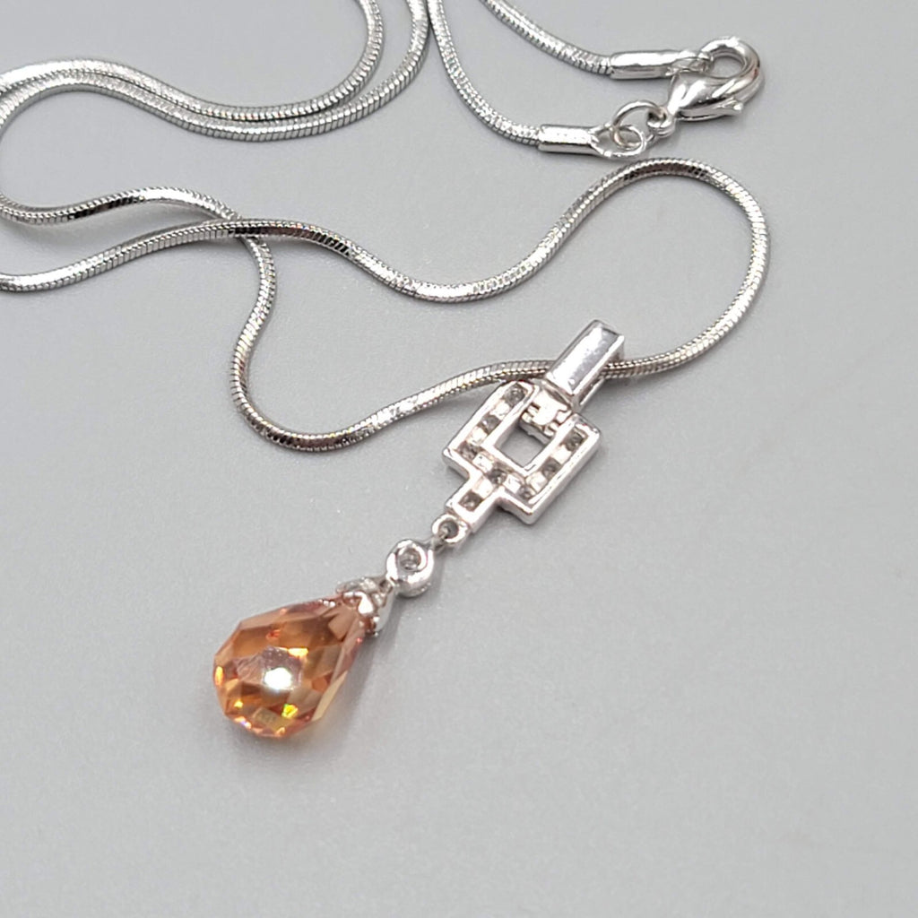 Orange Crystal Teardrop Pendant Necklace Silver tone Snake Chain 15"
