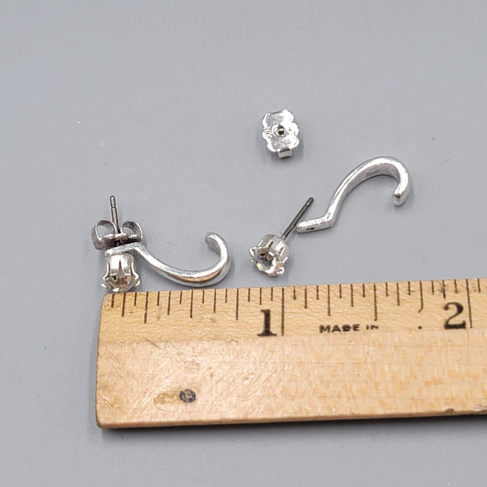 Silver tone Pierced Earrings Convertible Curved Jacket Crystal Minimalist 5/8"