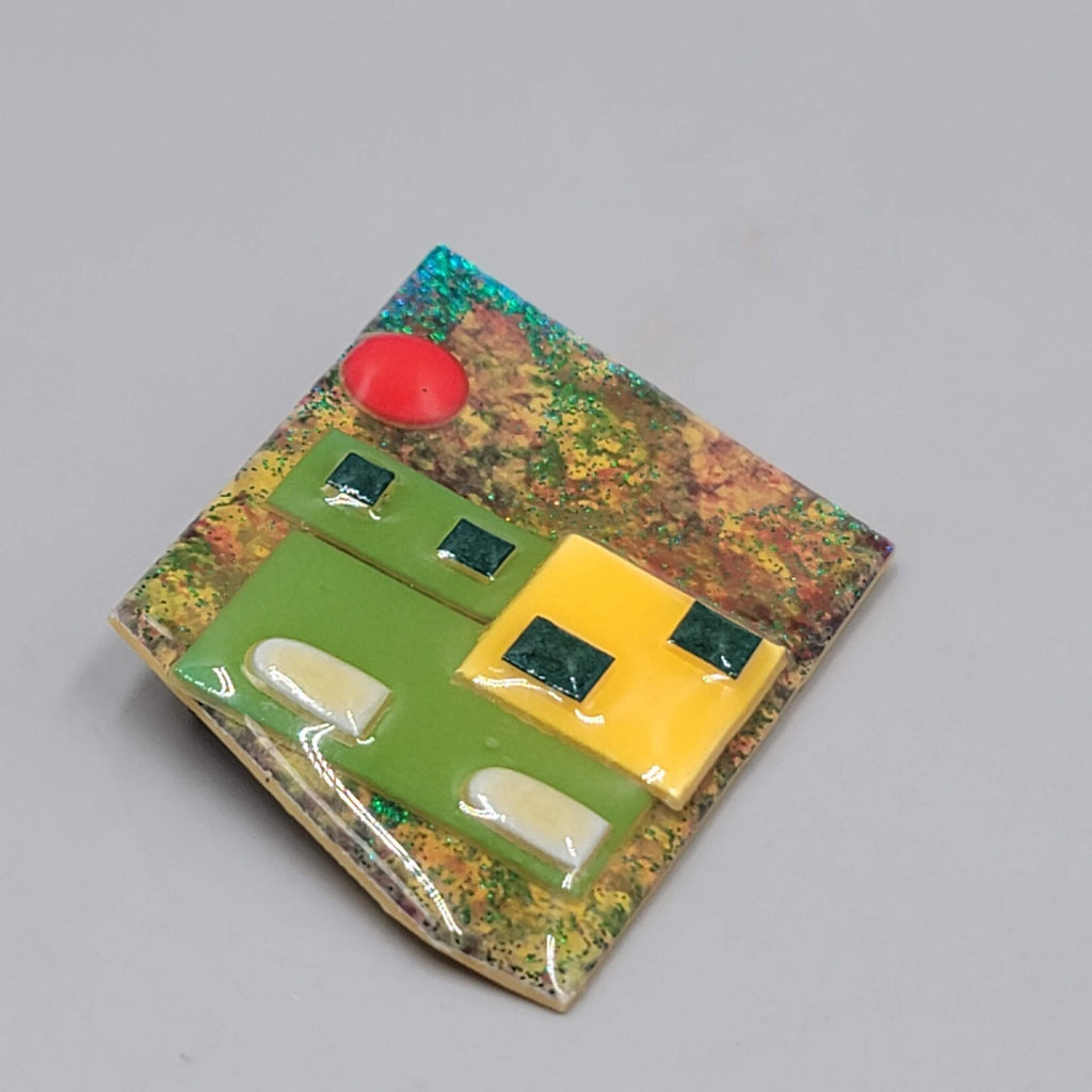 Lucinda House Pin Brooch Green Yellow House Red Sun Moon 2.25"