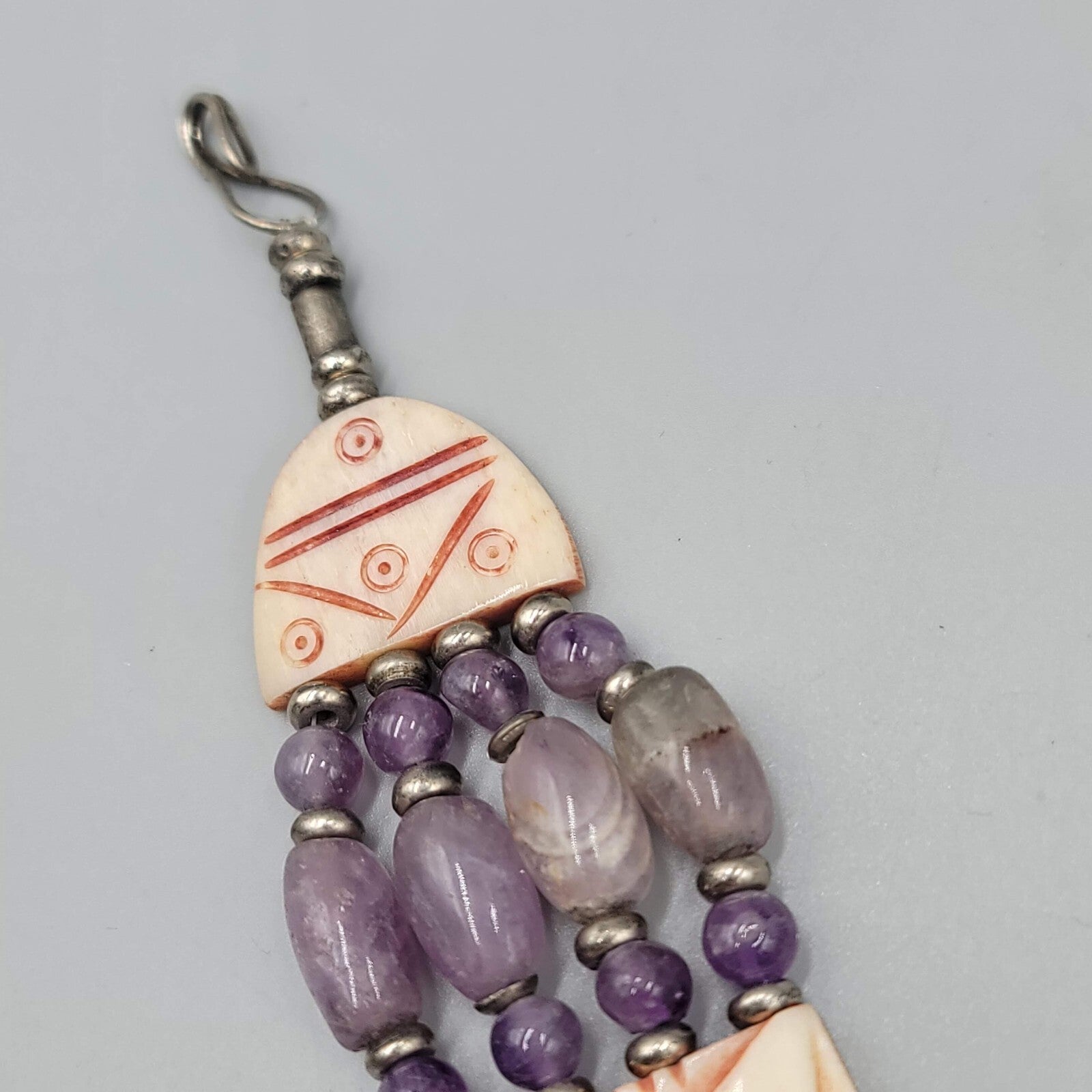 India Bracelet Hand Carved and Purple Amethyst Beads Silver tone 7 in