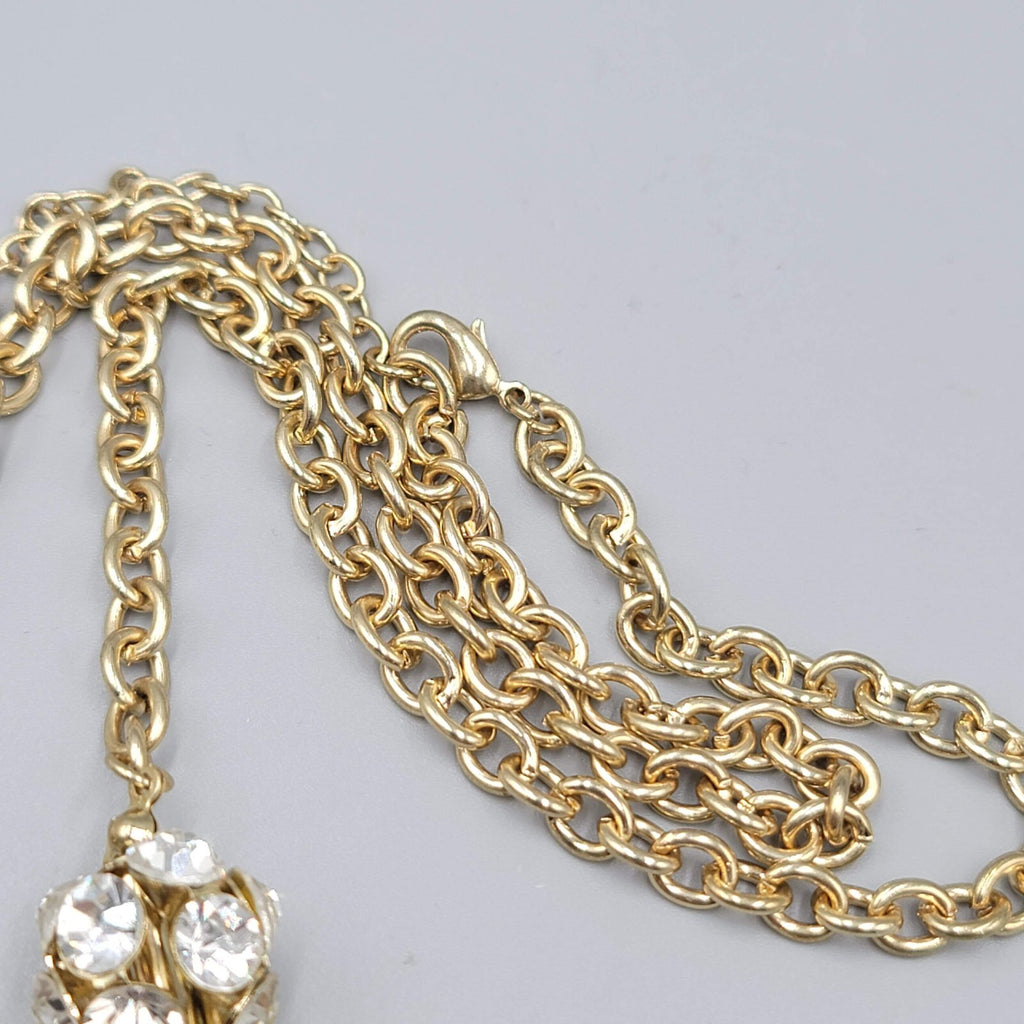 Long Crystal Bead Necklace Triple Strand Gold tone Chain 36"-38"