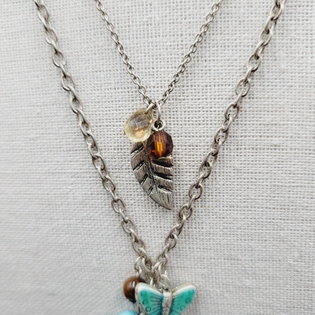Boho Charm Necklace Layered Double Chain Silver tone Butterfly Leaf Enamel 16"