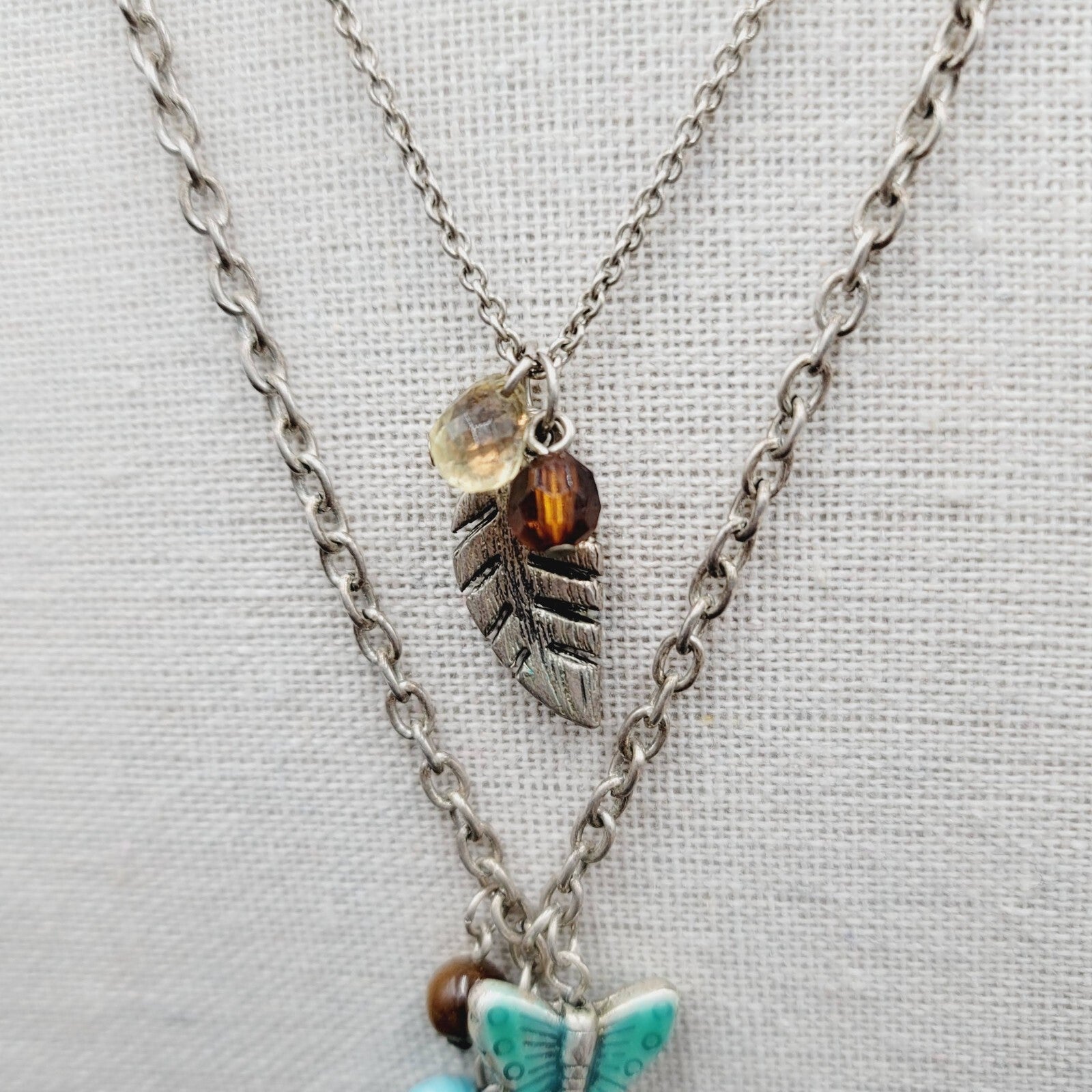 Boho Charm Necklace Layered Double Chain Silver tone Butterfly Leaf Enamel 16"