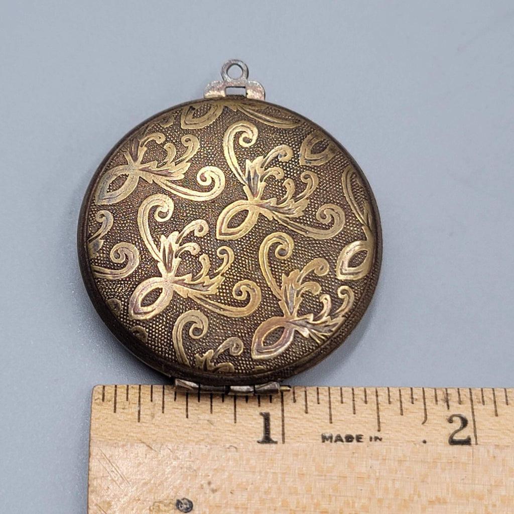 Antique Engraved Flower Double Photo Locket Pendant Bronze tone 1 5/8"