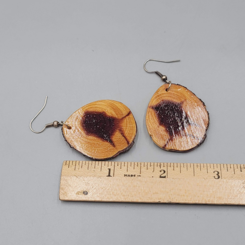 Live Edge Wood Round Pierced Earrings Clear Finish Dangle  1.5"