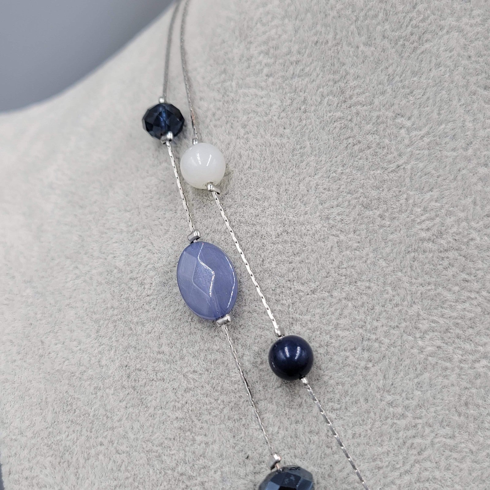 LOFT Blues White Glass Station Necklace Double Chain Silver tone 18"