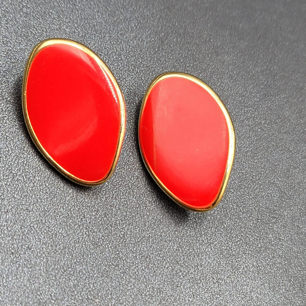 Bergere Red Enamel Clip On Earrings Gold Plated  1.25"