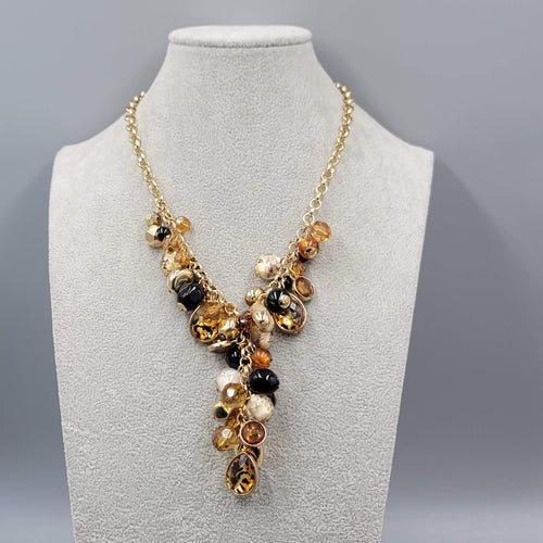 Brown Glass Bead Y Drop Necklace Gold tone 16"-18"