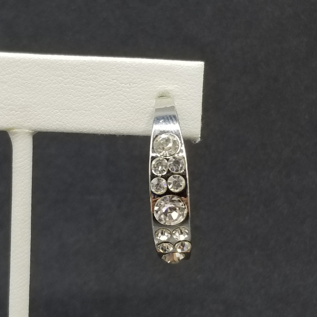 Pierced Earrings Silver tone Faceted Crystal Half Hoop Drop 1 1/4"