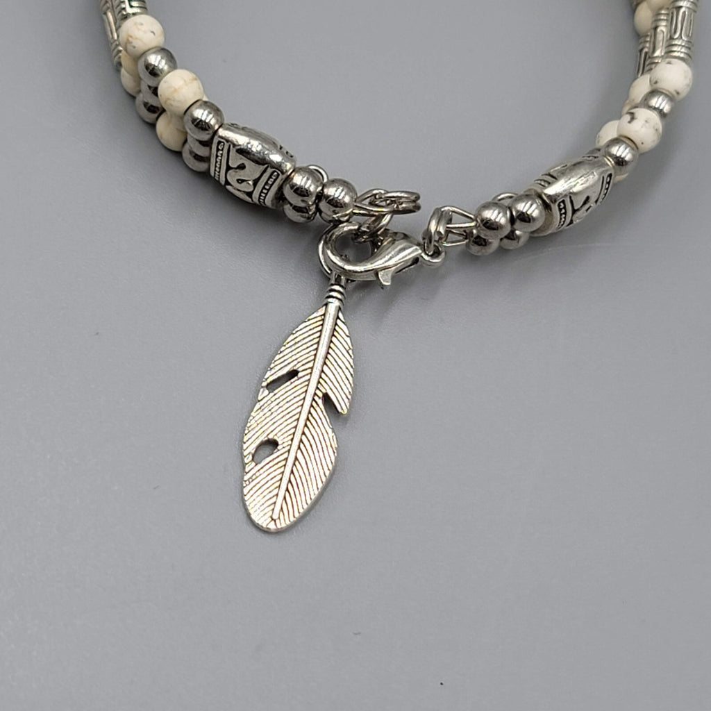 White Stone Bead Bracelet Triple Strand Silver tone Feather Charm 6.75"
