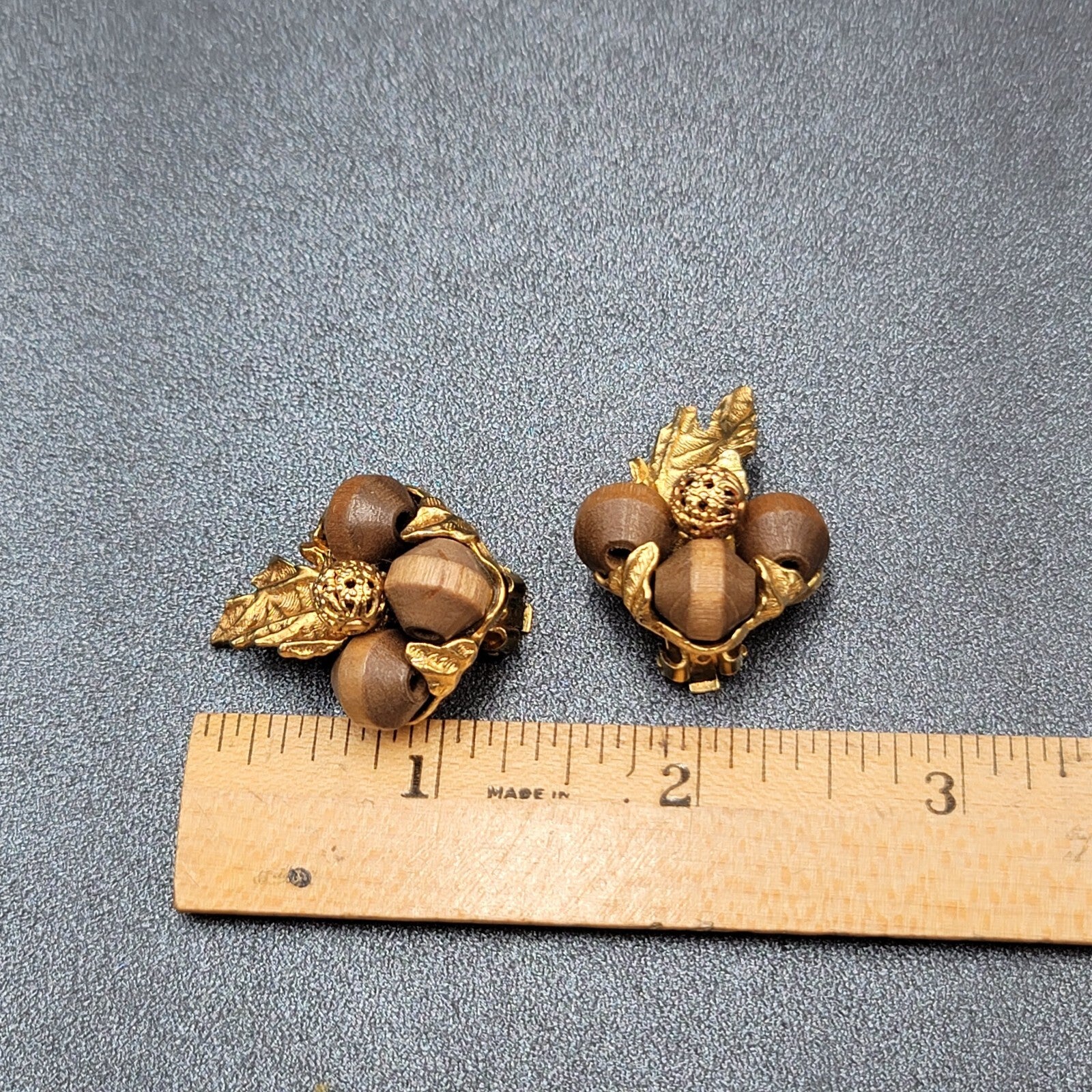 Vintage ART Clip on Earrings Gold Plated Wood Beads Leaf Design Climber 1.25"