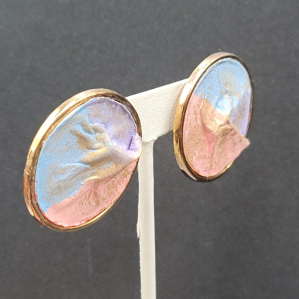 Vintage Pierced Earrings Gold tone Pink Purple Pastel Disc  1.5"