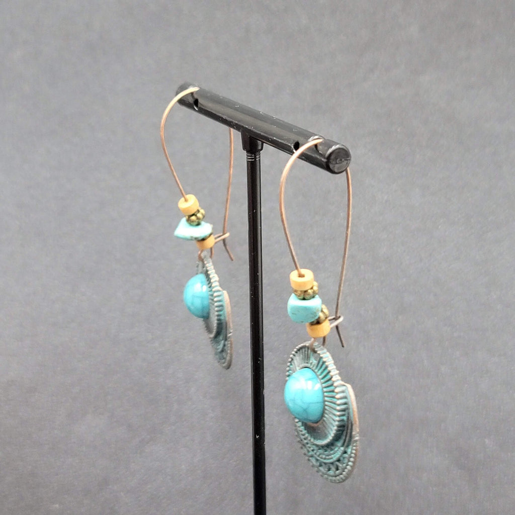 Boho Pierced Earrings Copper tone Faux Turquoise Dangle 2.25"