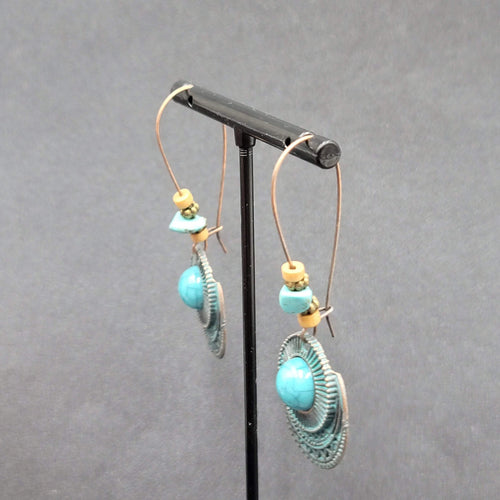 Boho Pierced Earrings Copper tone Faux Turquoise Dangle 2.25"