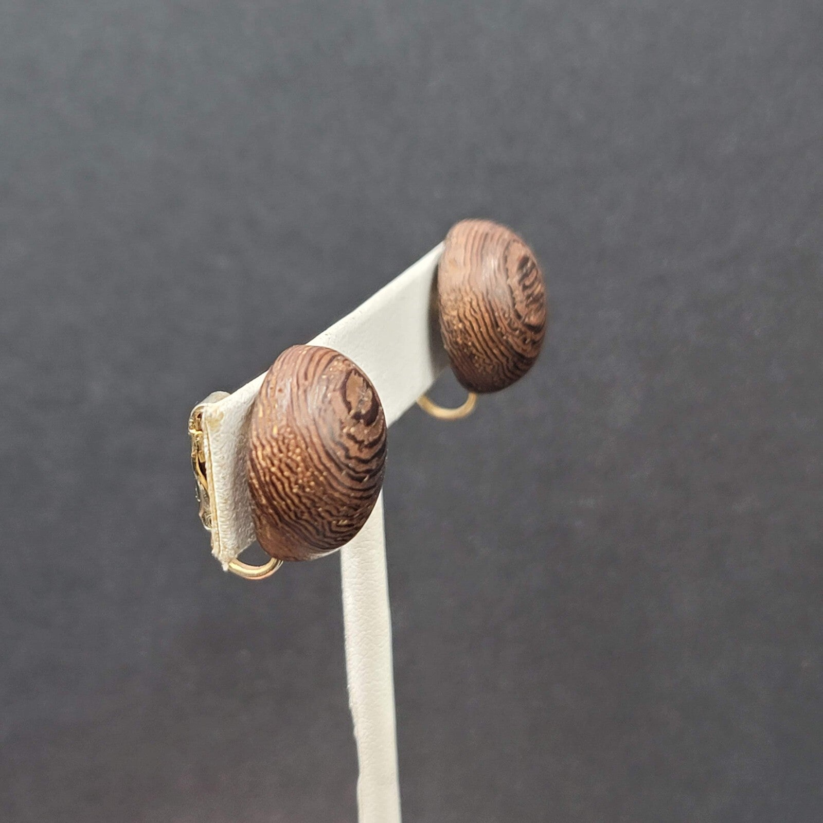 Vintage Clip on Earrings Solid Wood Dome Studs 3/4" MCM