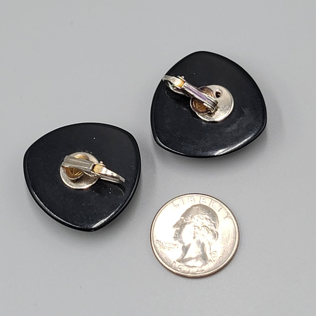 Vintage Clip on Earrings Black Triangle Gold tone Large Statement Plastic 1.25"