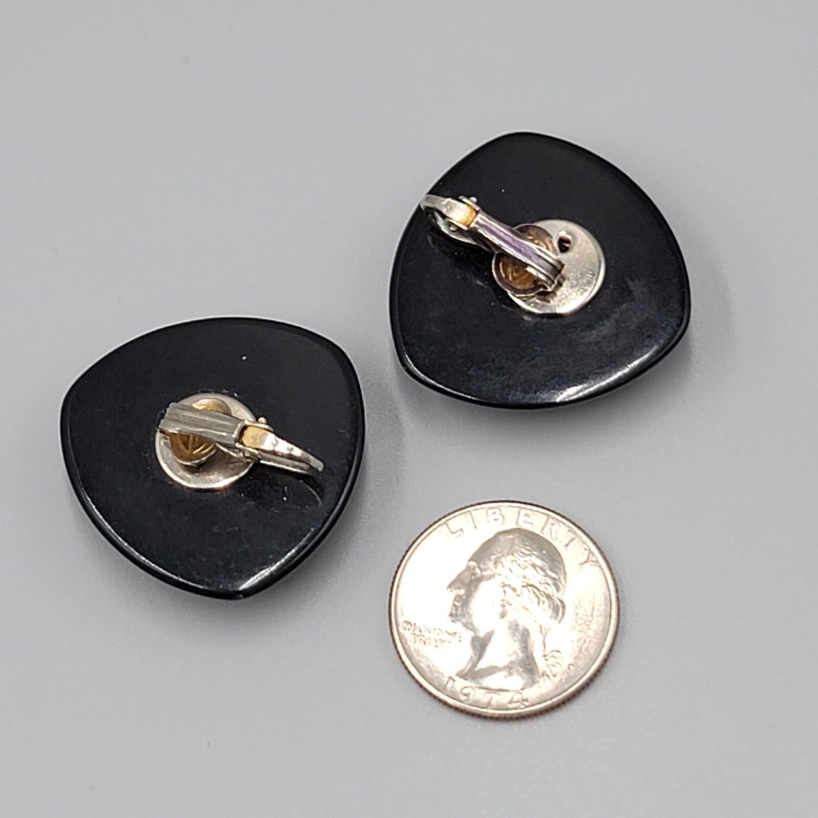Vintage Clip on Earrings Black Triangle Gold tone Large Statement Plastic 1.25"