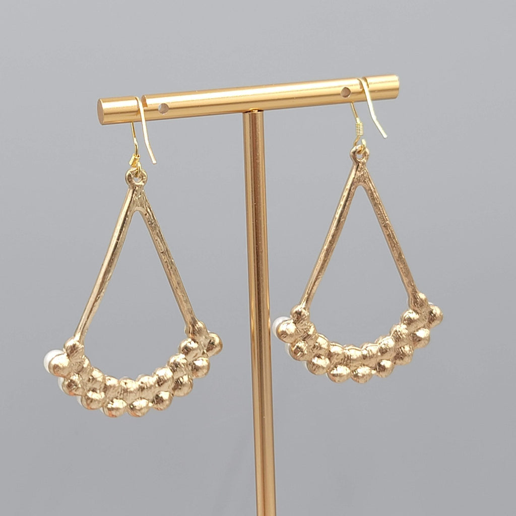 Open Triangle Faux Pearl Rhinestone Pierced Earrings Gold tone Dangle  2"