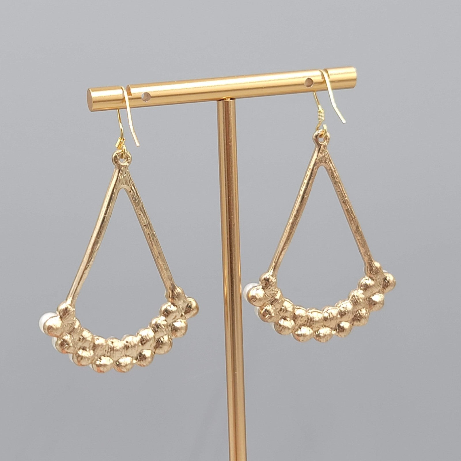 Open Triangle Faux Pearl Rhinestone Pierced Earrings Gold tone Dangle  2"